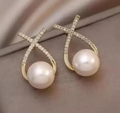 Korean Studded Cross Pearl Stud Earrings