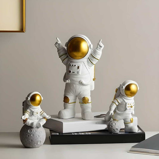 Astronaut Spaceman Statue Ornament Home Office Desktop Figurine Decors Set of 3 - Golden