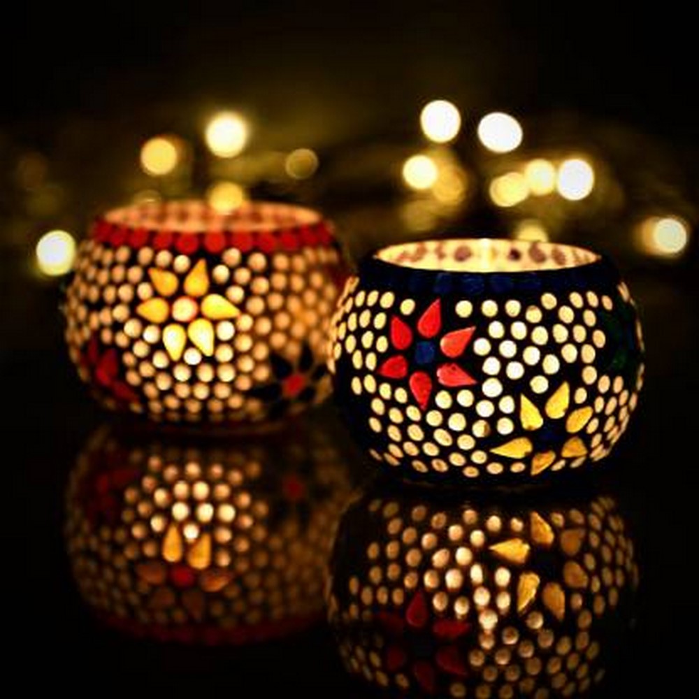 eCraftIndia Set of 2 Mosaic Glass Decorative Tea Light Holder